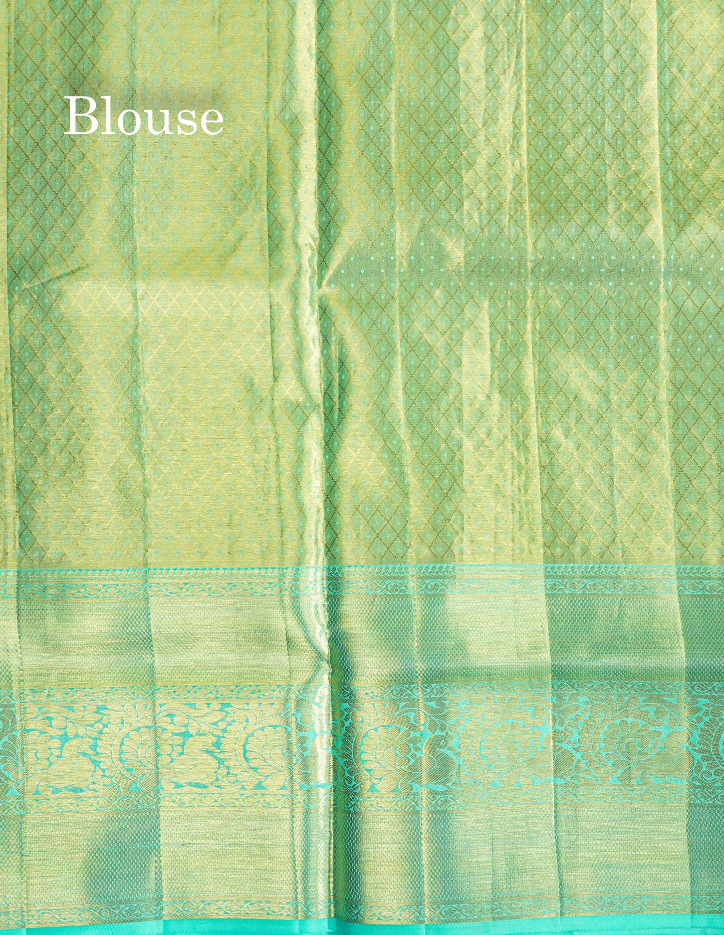 Rexona Green Tissue Bridal Pure Kanjivaram Silk Saree With Contrast Sky Blue Border