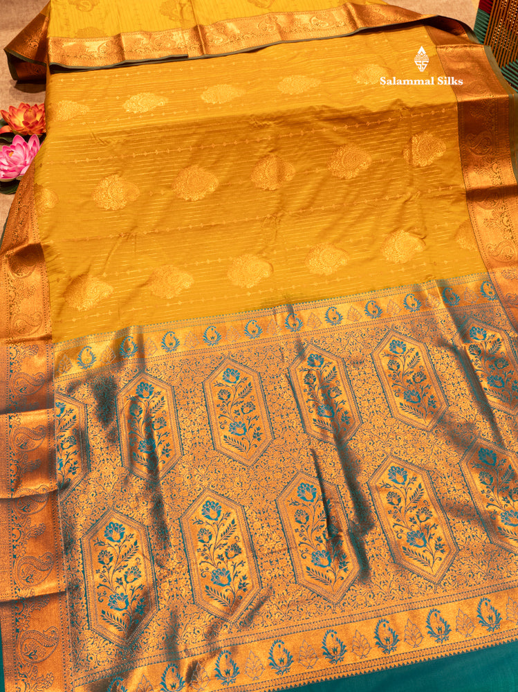 Bottle Green Colour Semi Silk Saree With Navy Blue Copper Zari Border
