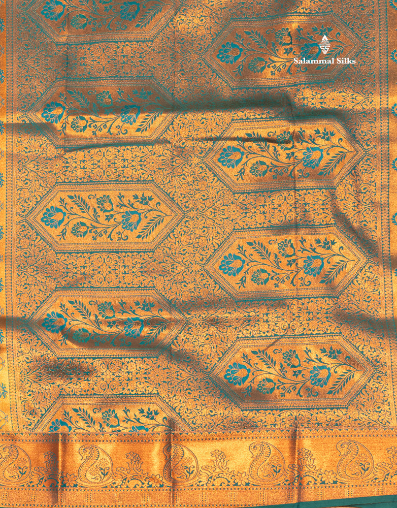 Bottle Green Colour Semi Silk Saree With Navy Blue Copper Zari Border