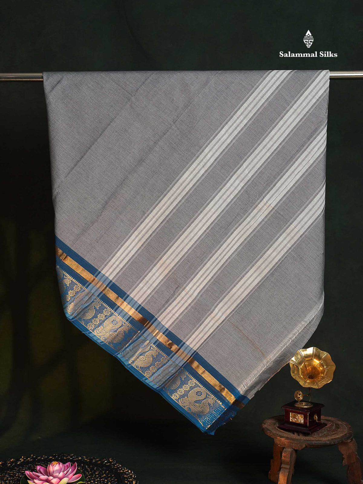 Chettinad Pure Cotton Saree - Grey Colour Body Plain With Teal Blue Border