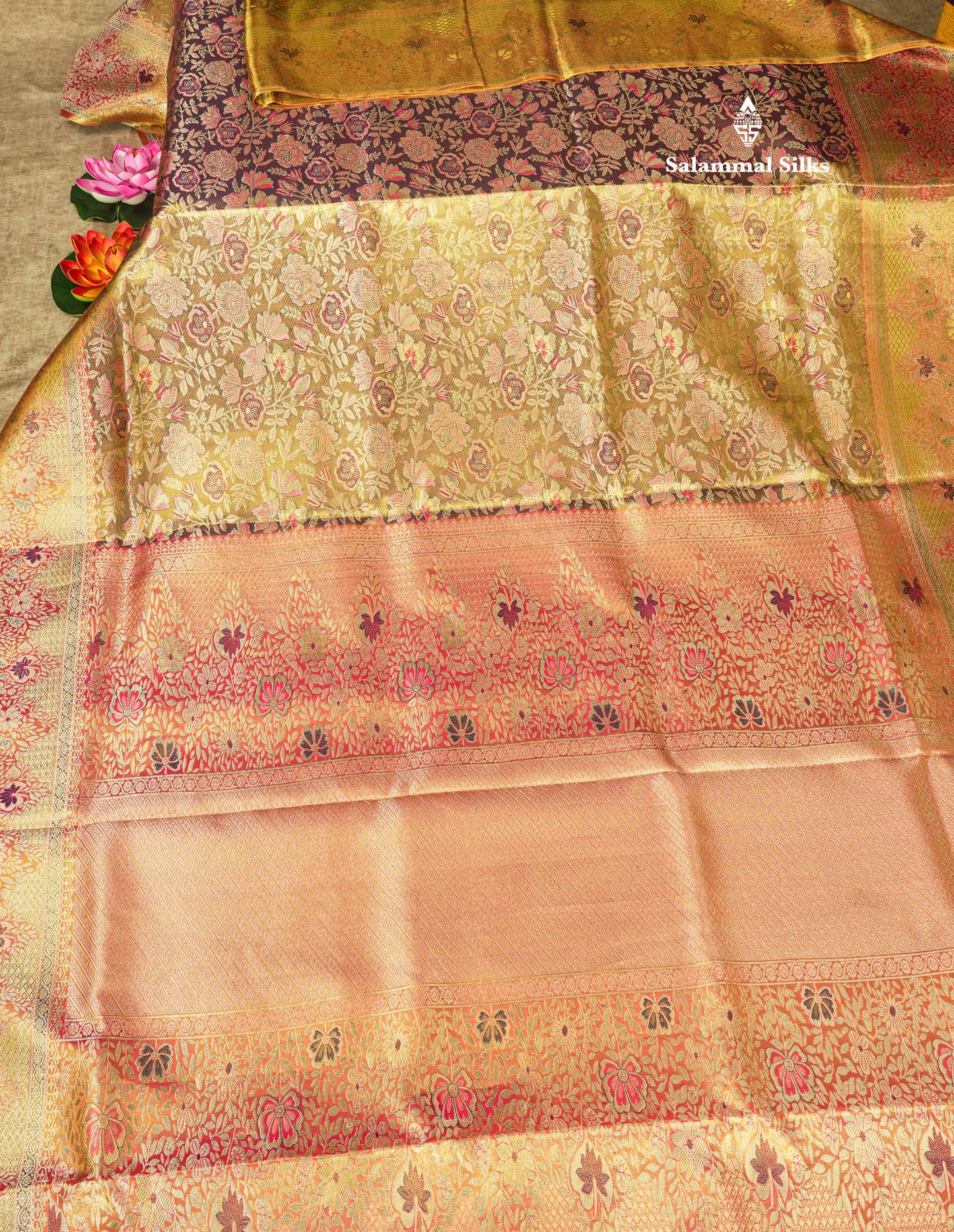 Navy Blue Tissue Meenakari Work Bridal Pure Kanjivaram Silk Saree With Contrst Pinkish Orange Border