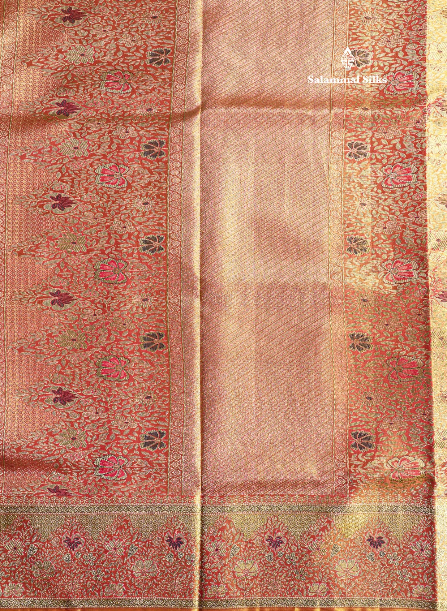 Navy Blue Tissue Meenakari Work Bridal Pure Kanjivaram Silk Saree With Contrst Pinkish Orange Border