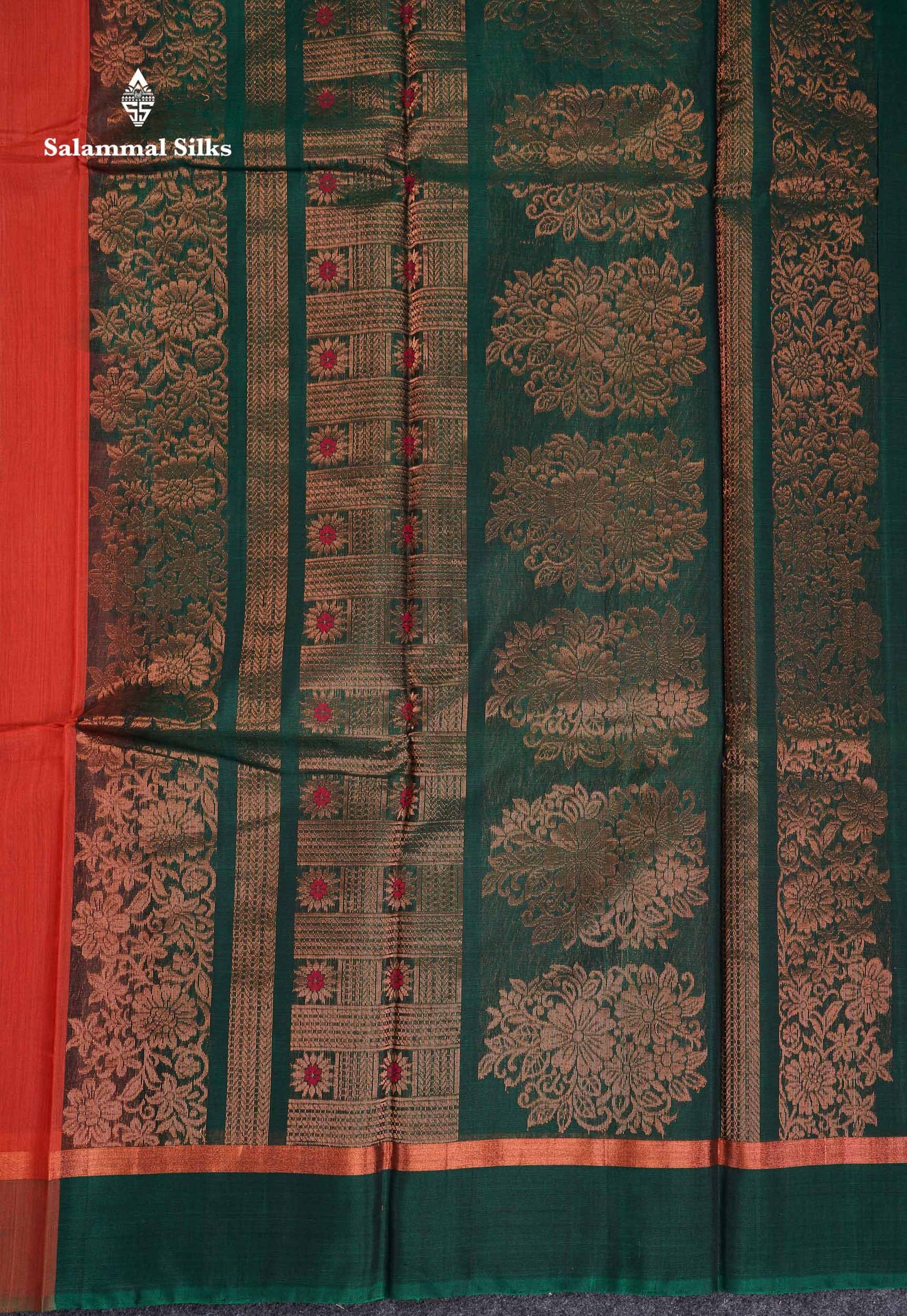 Beautiful Dual Tone Peach Orange Menakari Work SICO Cotton Saree With Contrast Bottle Green Blouse