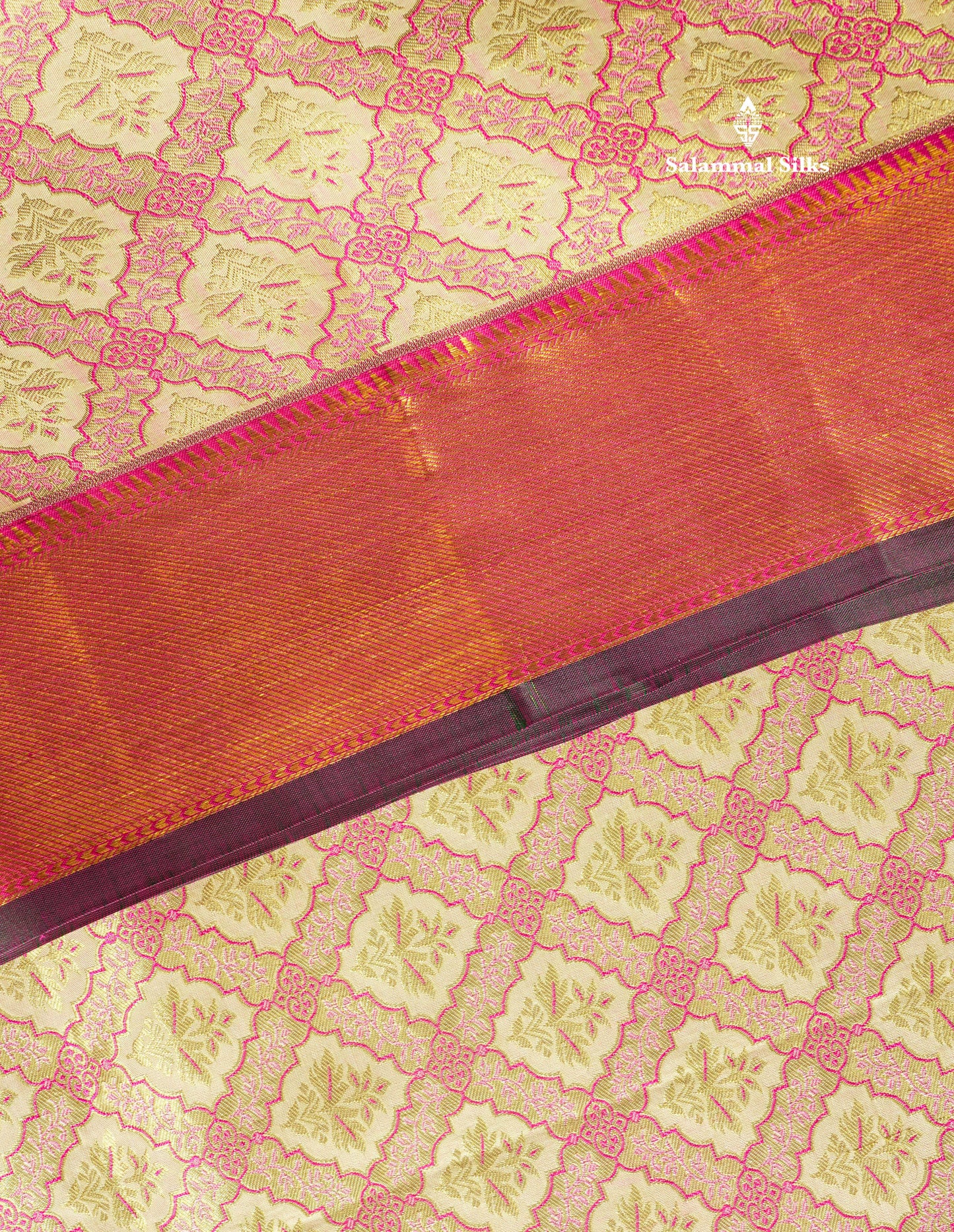 Cream Bridal Pure Kanjivaram Silk Saree With Contrst Pink Traditional Evening Morning Border