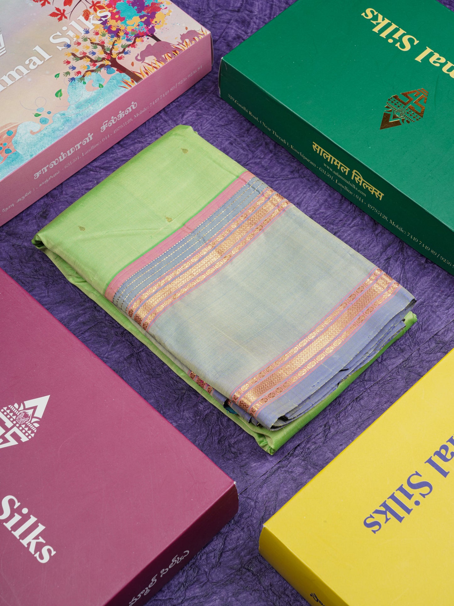 Dual Tone Sapphire Green Pure Kanjivaram Silk Saree With Contrast Dual Tone Blue Rettapet Double Border