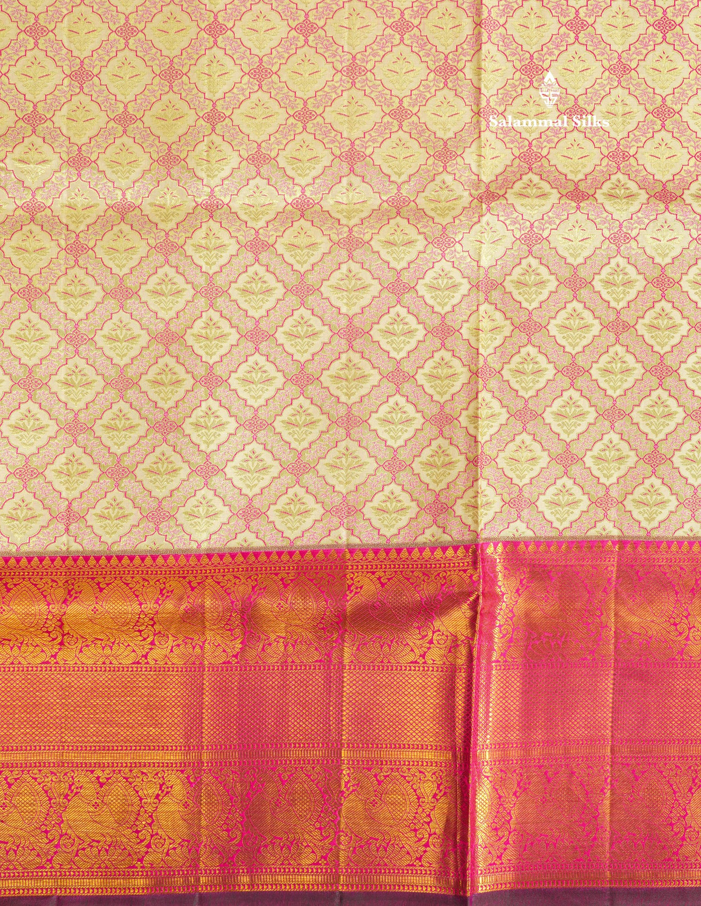 Cream Bridal Pure Kanjivaram Silk Saree With Contrst Pink Traditional Evening Morning Border