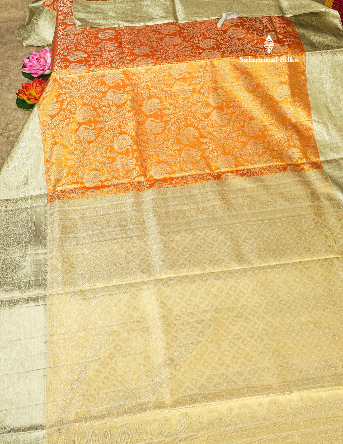 Orange Tissue Bridal Pure Kanjivaram Silk Saree With Contrast Silver Border