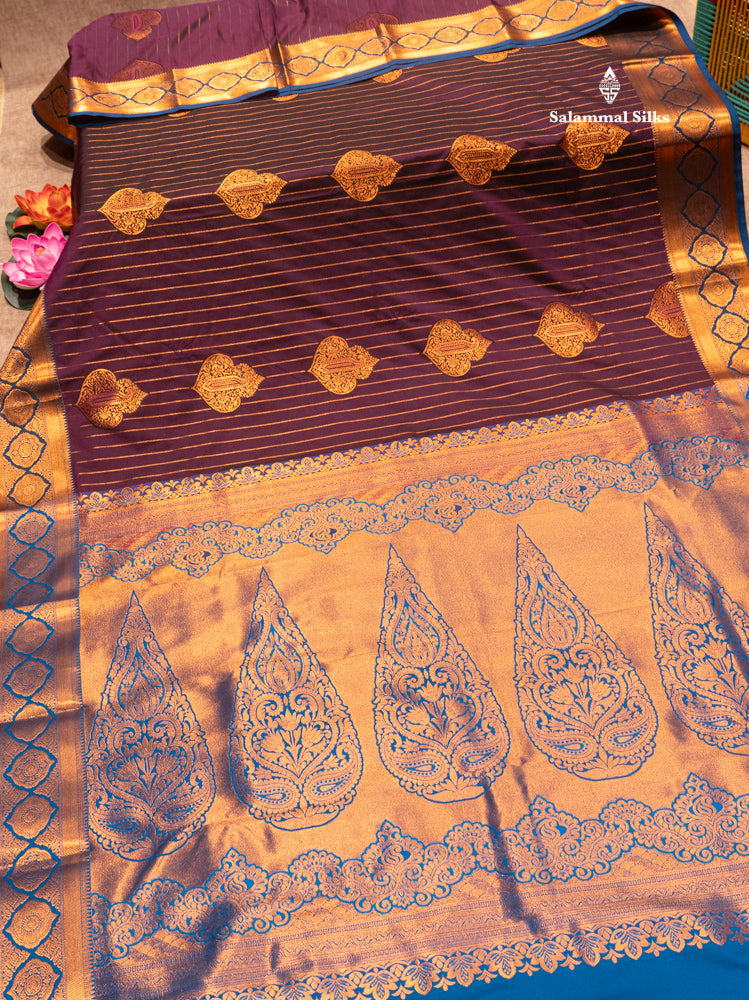 Bottle Green Colour Semi Silk Saree With Violet Copper Zari Border