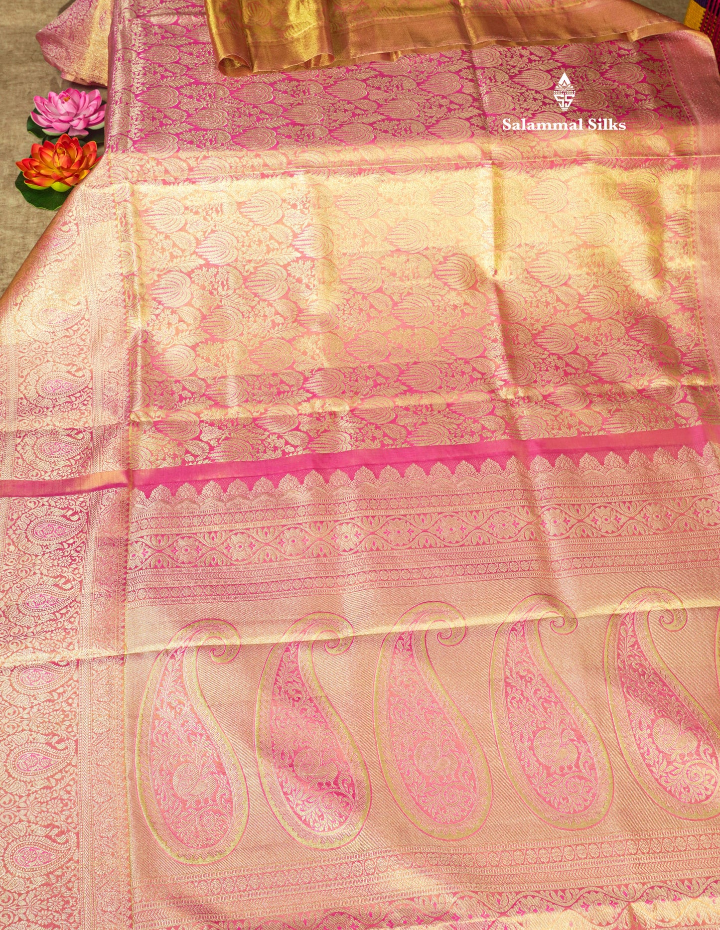 Light Pink Tissue Bridal Pure Kanjivaram Silk Saree With Self Border