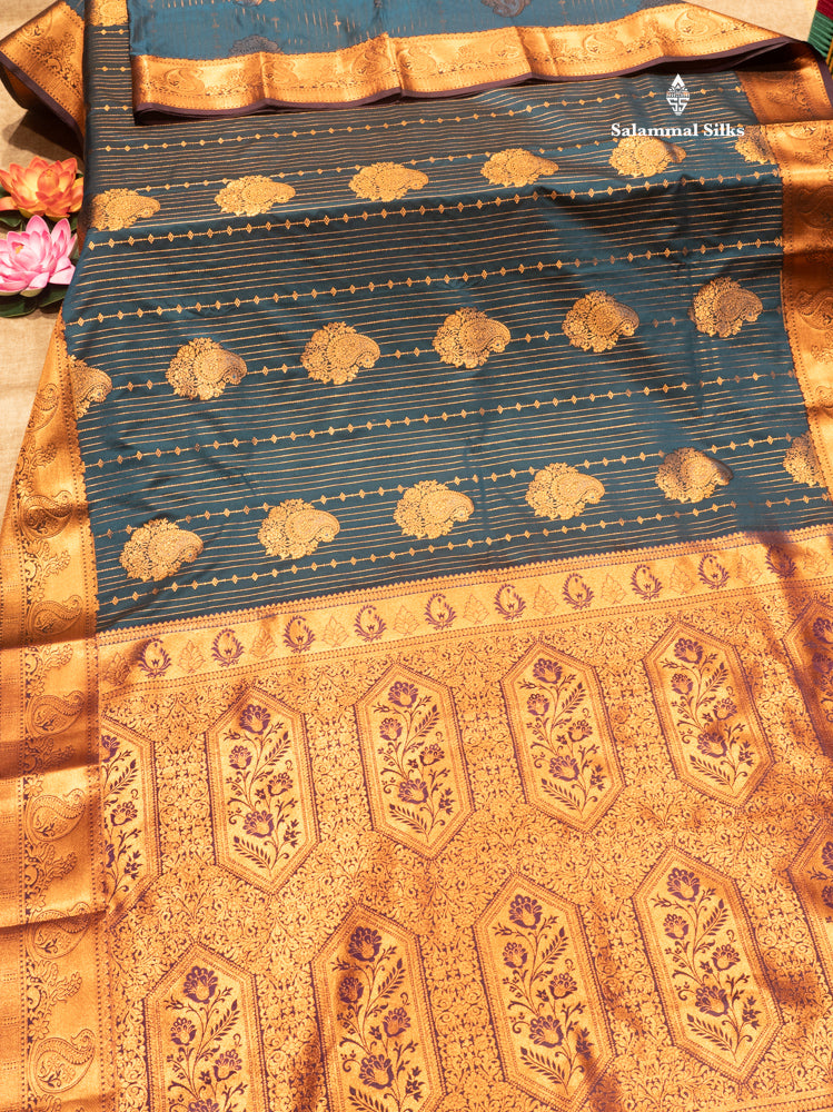 Bottle Green Colour Semi Silk Saree With Navy Blue Copper Zari Border