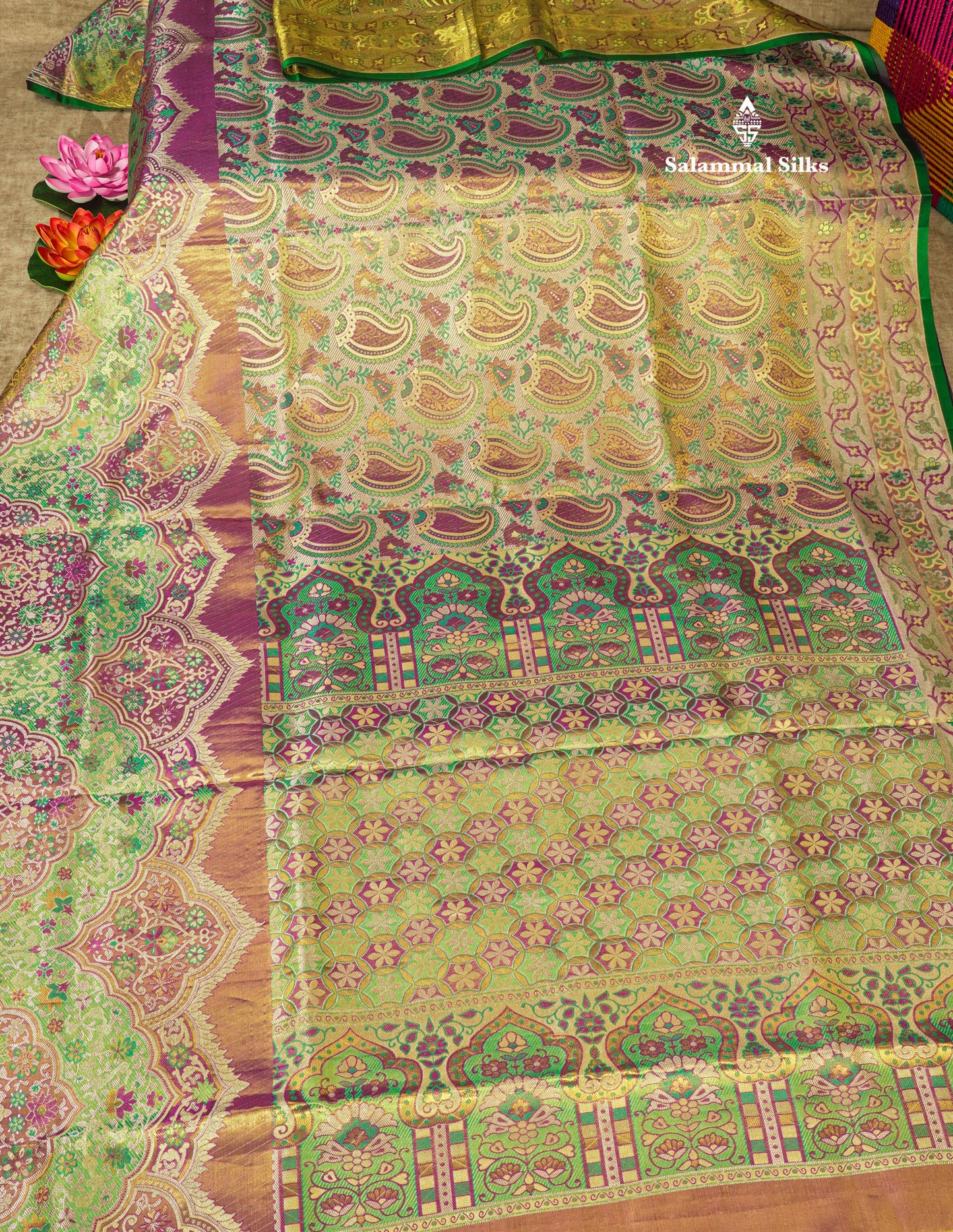 Multicolour Menakari Work Tissue Bridal Pure Kanjivaram Silk Saree With Turning Border