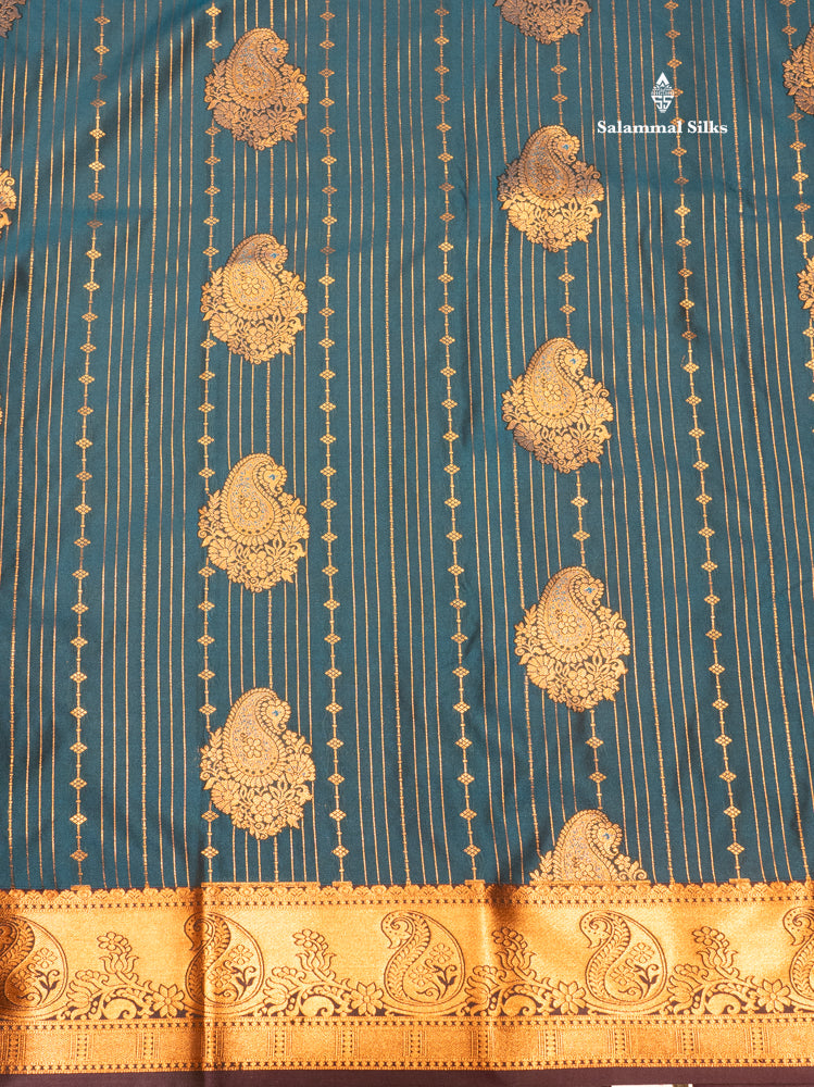 Bottle Green Colour Semi Silk Saree With Navy Blue Copper Zari Border