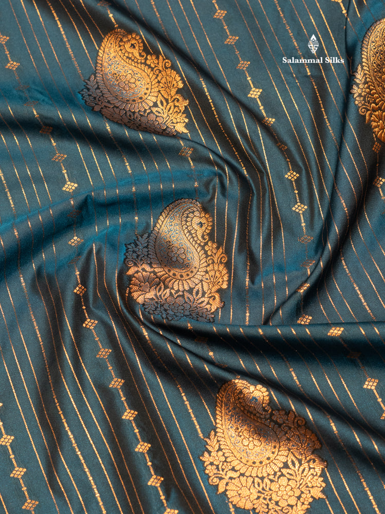 Bottle Green Colour Semi Silk Saree With Navy Blue Copper Zari Border