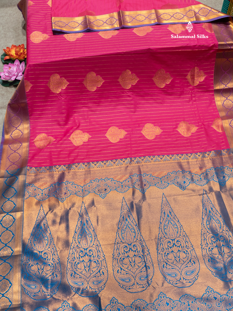 Bottle Green Colour Semi Silk Saree With Violet Copper Zari Border