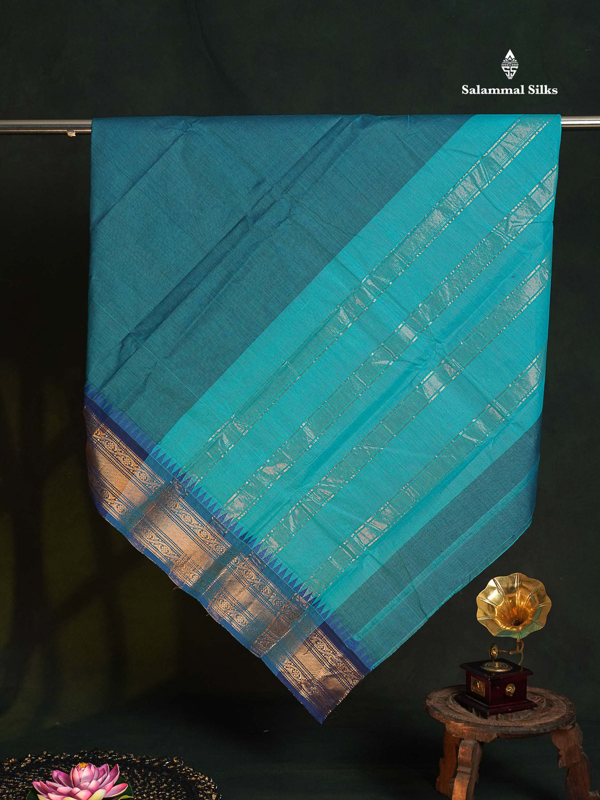 Chettinad Pure Cotton Saree - Petrol Blue Colour Body Plain With Ganga Jamuna Border