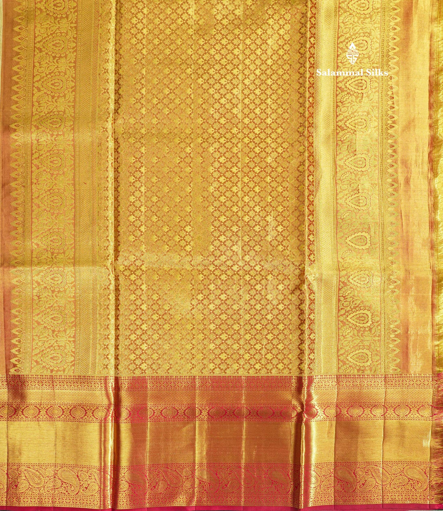 Gold Tissue Bridal Pure Kanjivaram Silk Saree With Contrast Maroon Traditional Border