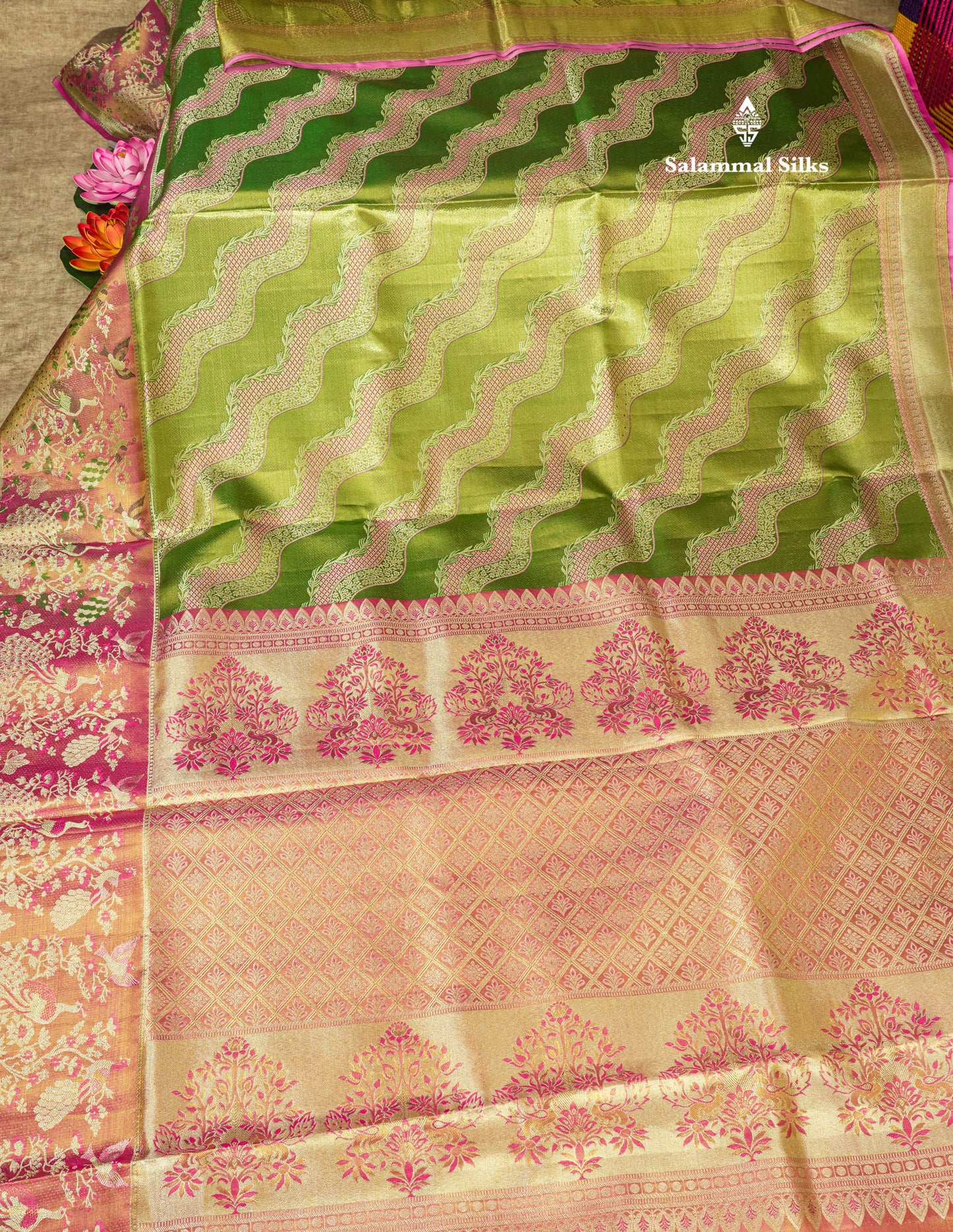 Light Green Tissue Bridal Pure Kanjivaram Silk Saree With Contrst Light Pink Animal Theme Based Border