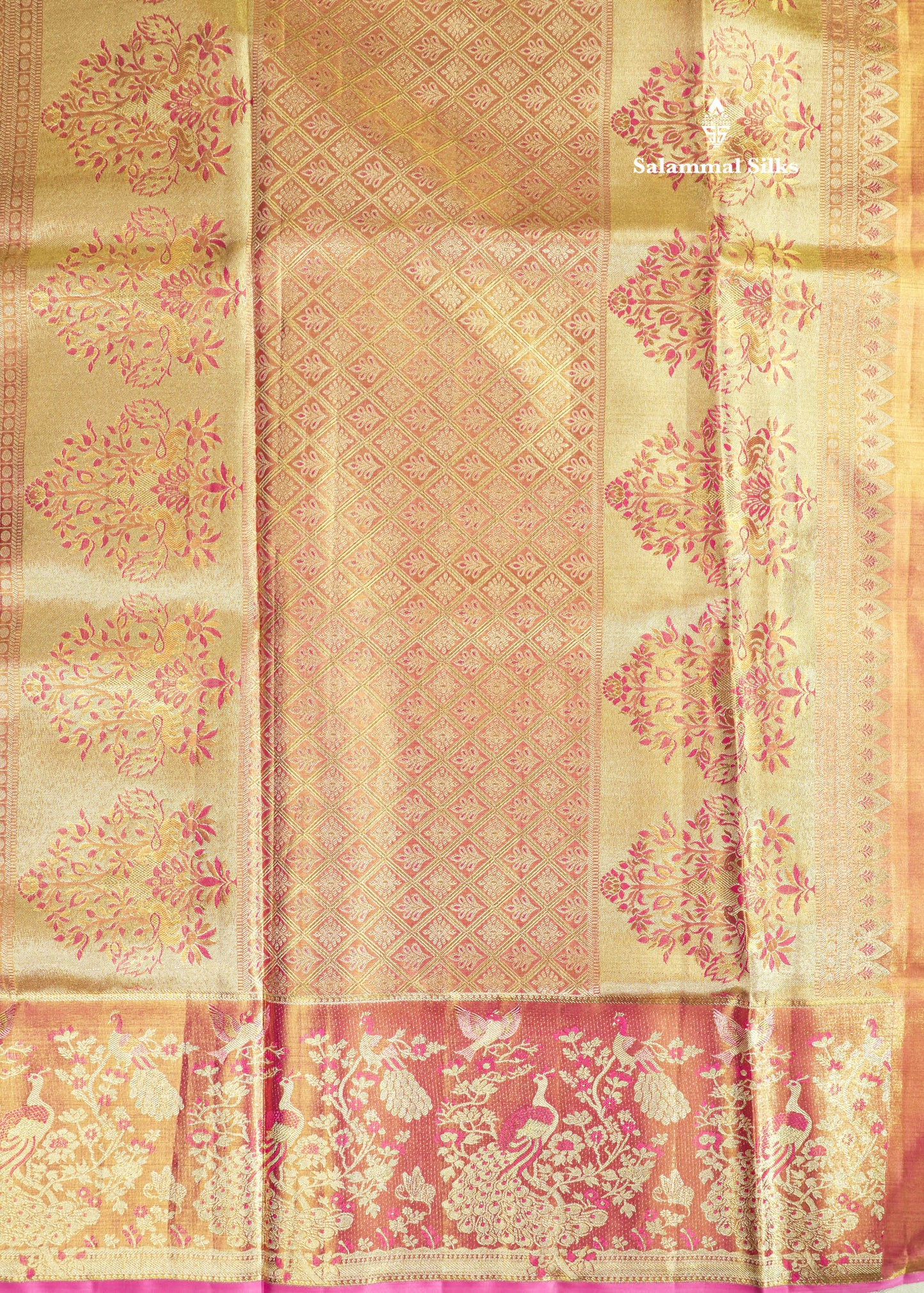 Light Green Tissue Bridal Pure Kanjivaram Silk Saree With Contrst Light Pink Animal Theme Based Border