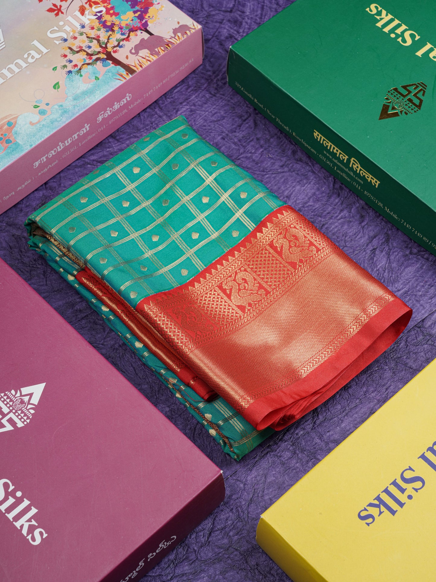 Bottle Green 1000 Buttas And Zari Checks Semi Silk Saree With Contrast Red Traditional Border