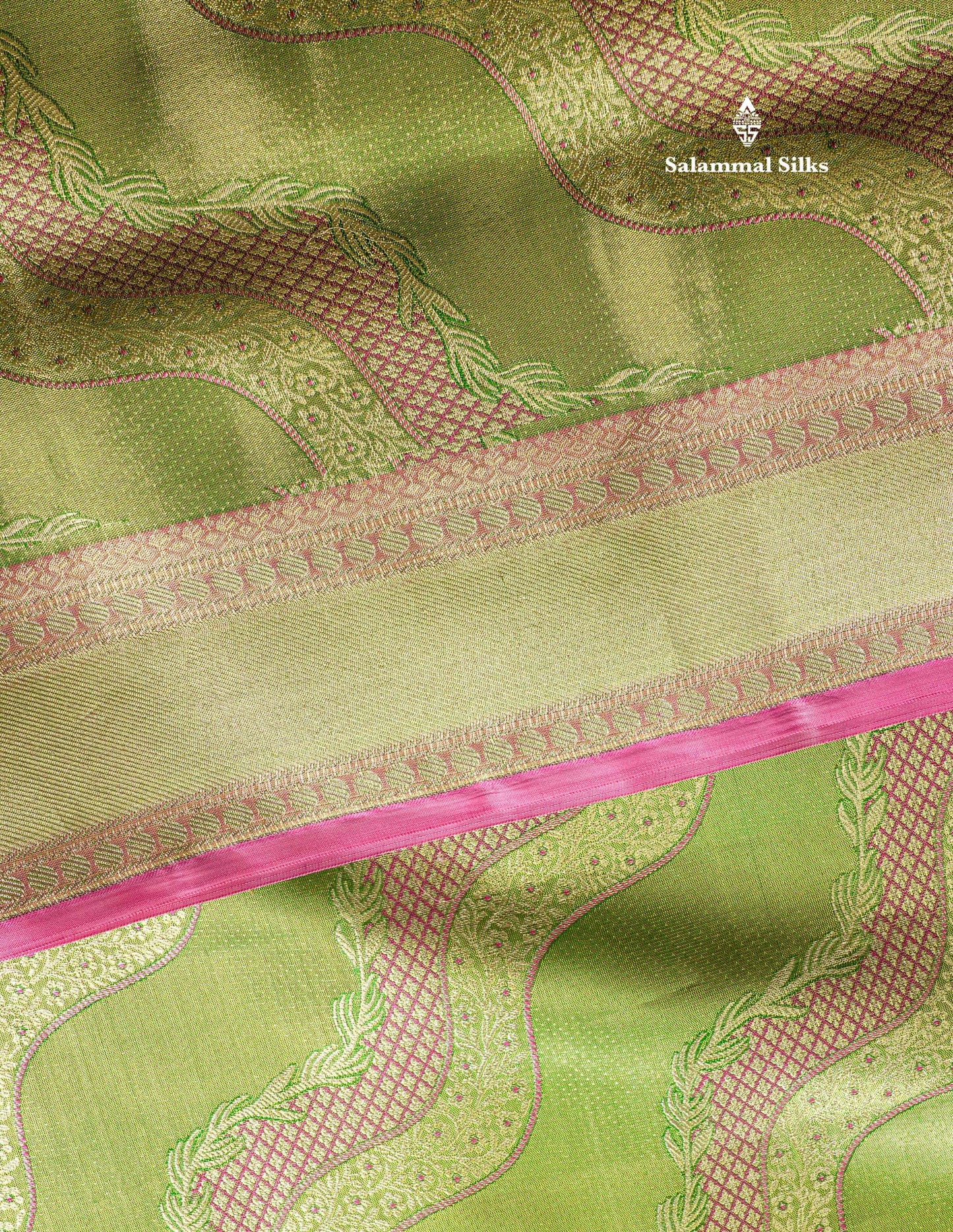 Light Green Tissue Bridal Pure Kanjivaram Silk Saree With Contrst Light Pink Animal Theme Based Border