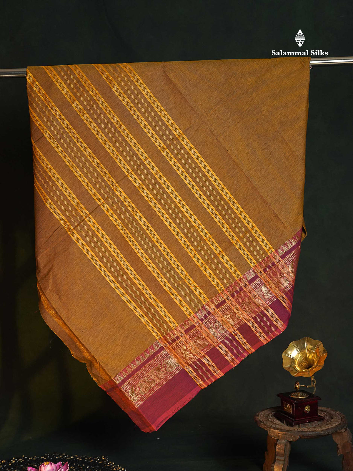 Chettinad Pure Cotton Saree - Olive Mustard Yellow Colour Body Plain With Magenta Border