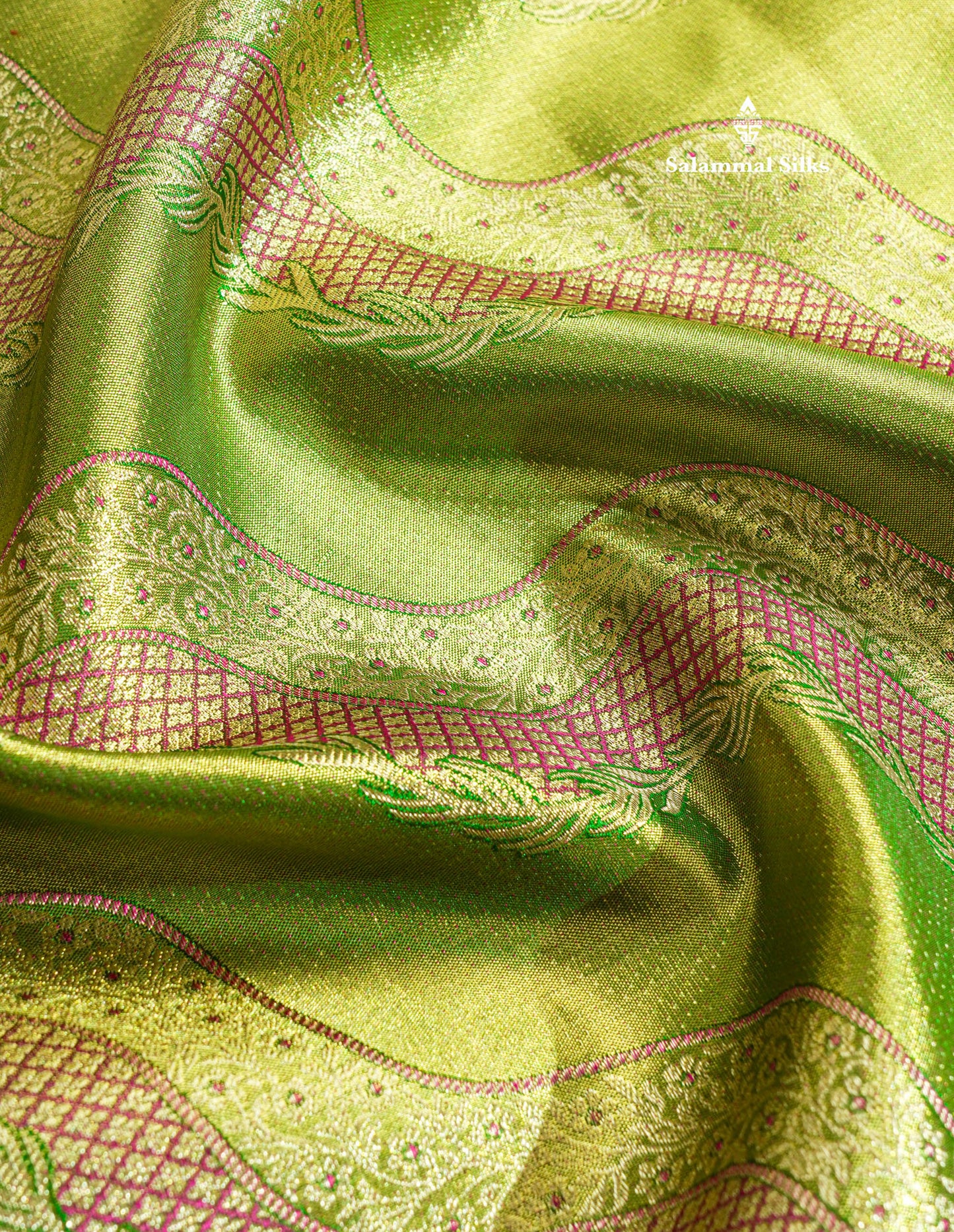 Light Green Tissue Bridal Pure Kanjivaram Silk Saree With Contrst Light Pink Animal Theme Based Border
