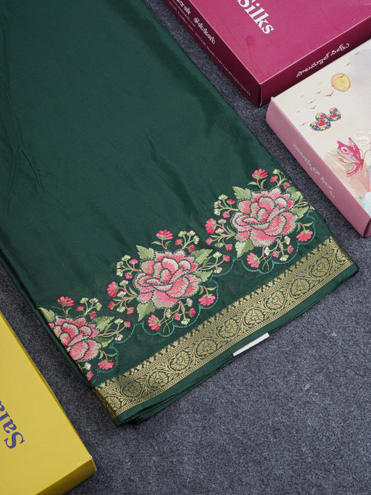 Bottle Green Plain Semi Mysore Crepe Saree With Embroidery Work Border