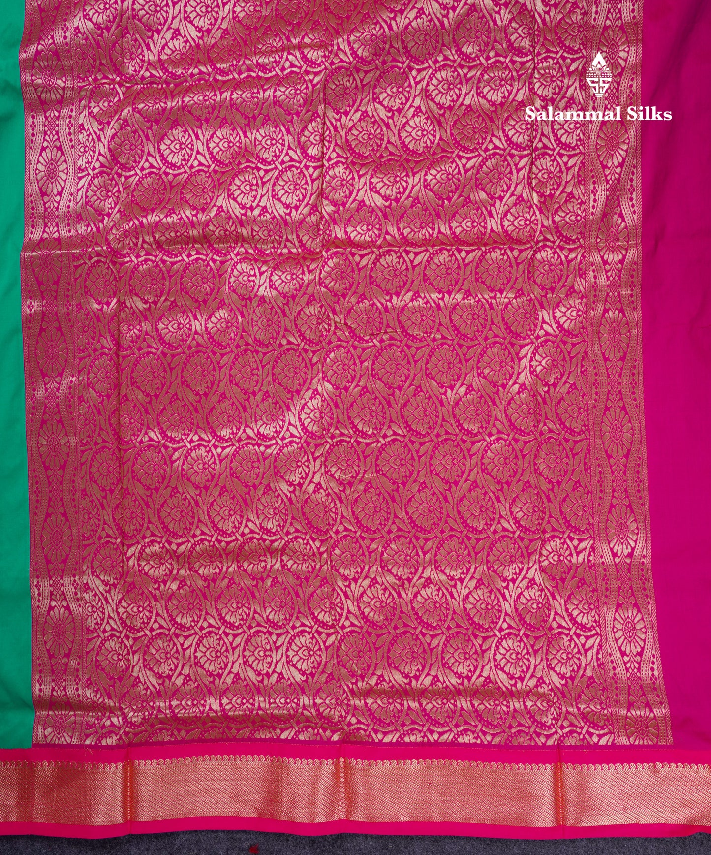 9.5 Yards Semi Silk Saree Sapphire Green With Contrast Pink Traditional Border