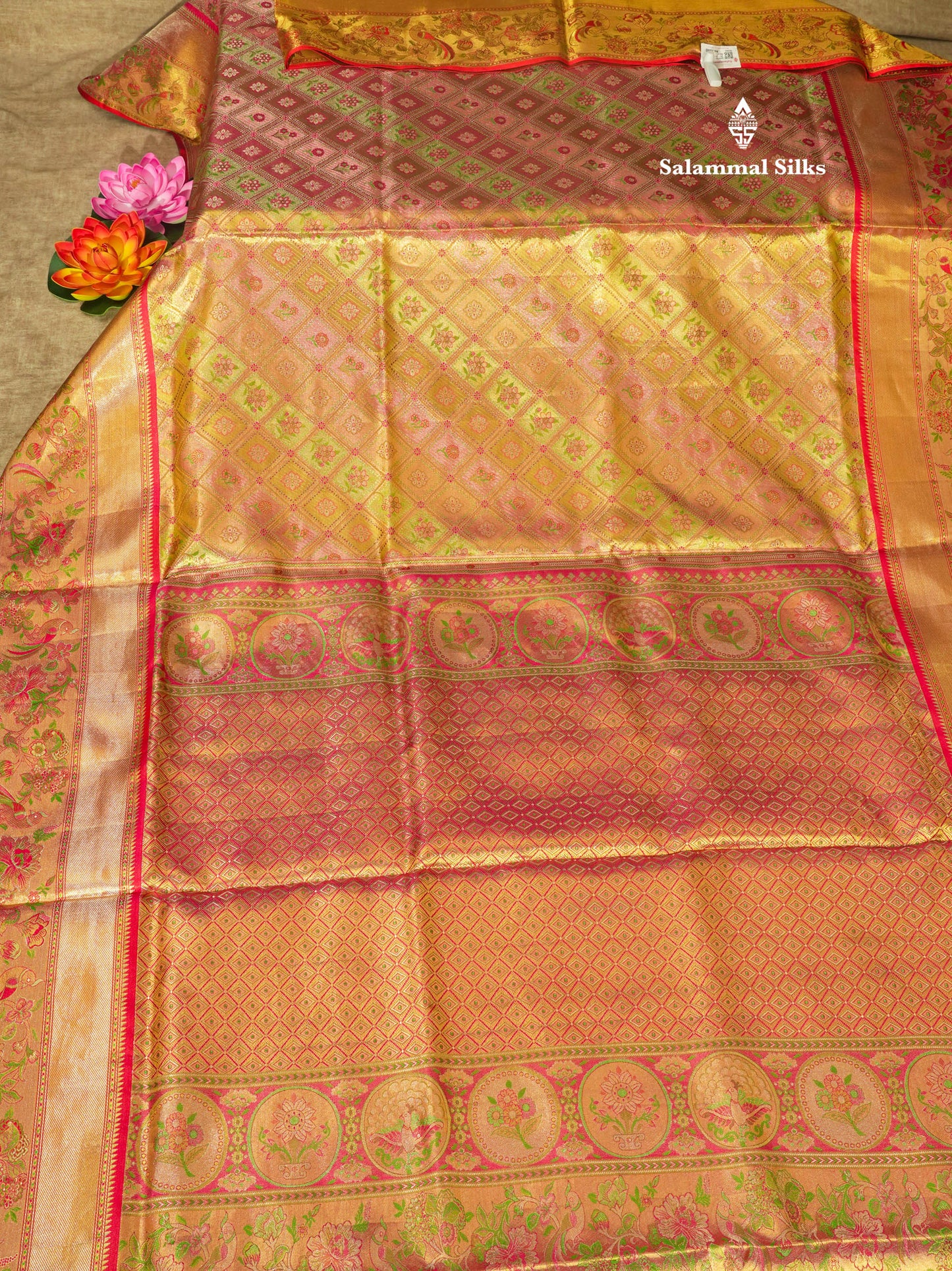 Multicolour Menakari Work Tissue Bridal Pure Kanjivaram Silk Saree With Contrast Chilly Red Border