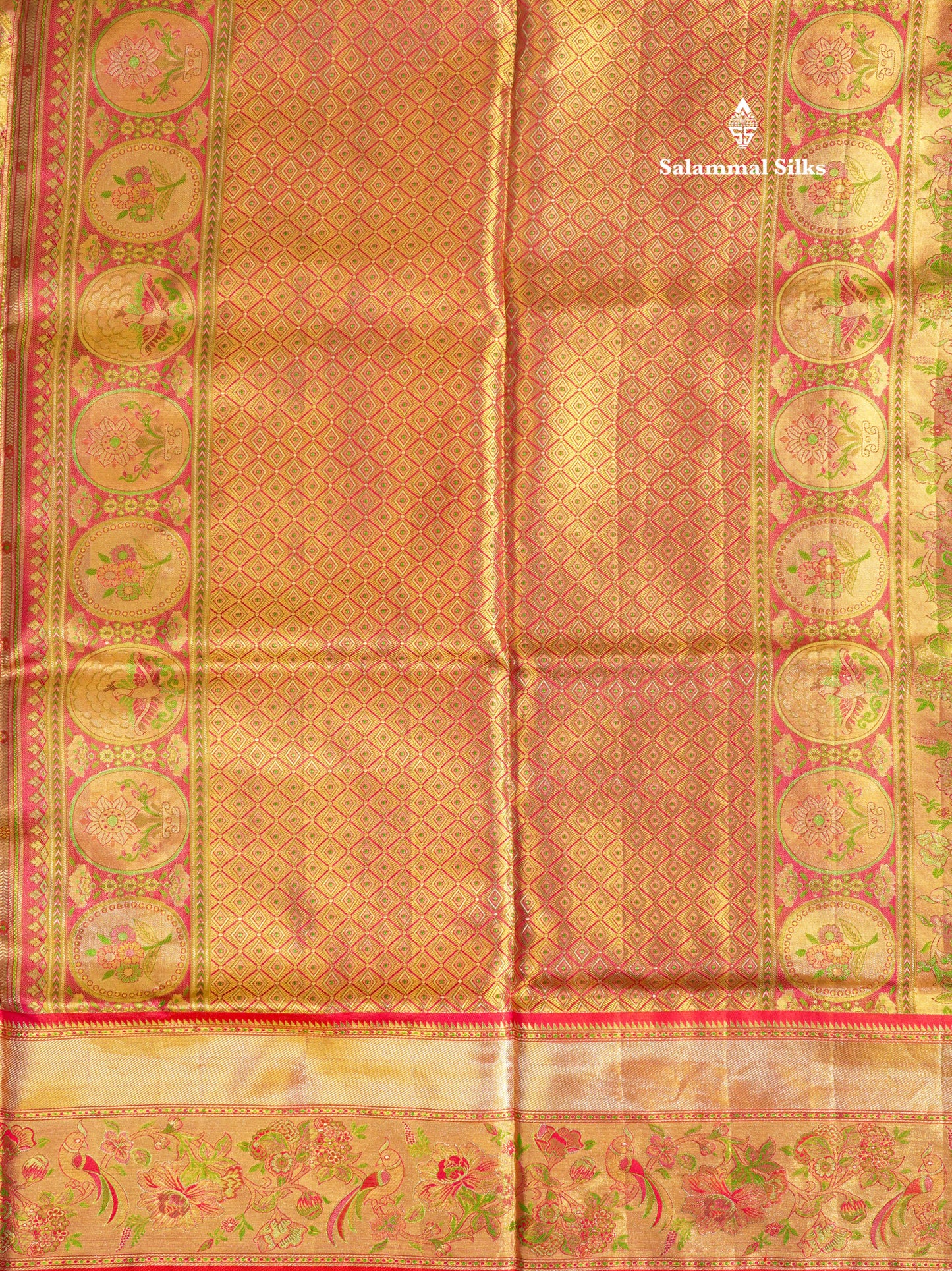 Multicolour Menakari Work Tissue Bridal Pure Kanjivaram Silk Saree With Contrast Chilly Red Border