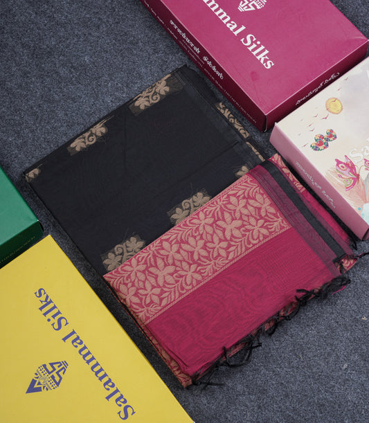 Beautiful Black Fancy Kora Cotton Saree With Contrast Magenta Pink Blouse