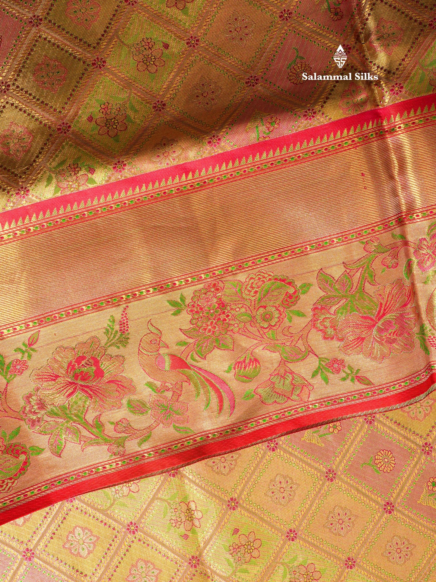 Multicolour Menakari Work Tissue Bridal Pure Kanjivaram Silk Saree With Contrast Chilly Red Border