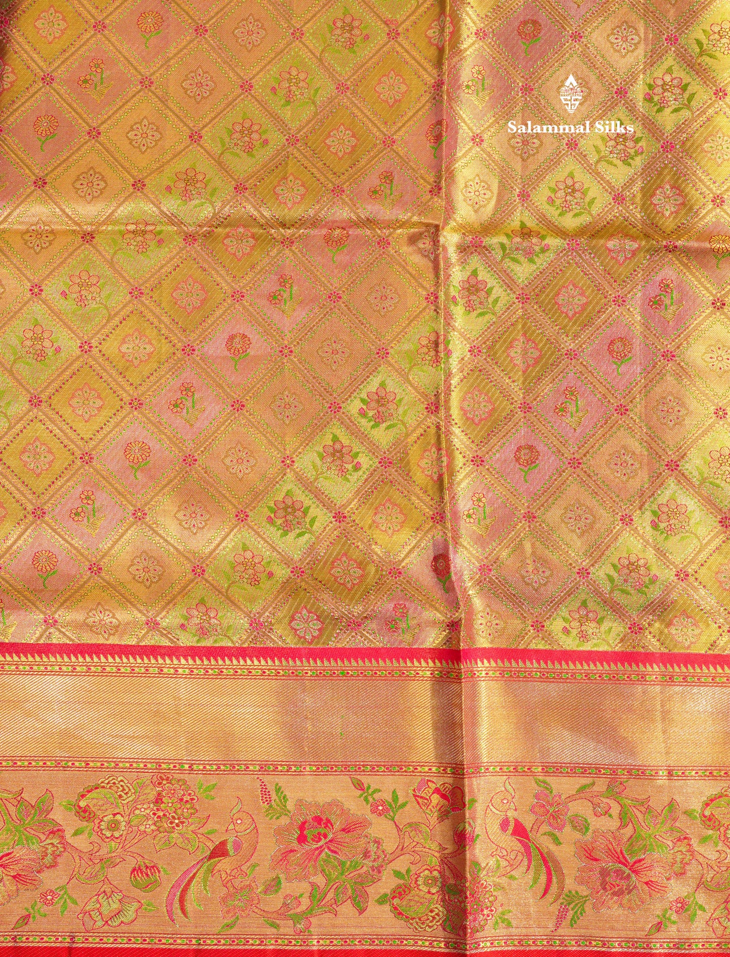 Multicolour Menakari Work Tissue Bridal Pure Kanjivaram Silk Saree With Contrast Chilly Red Border