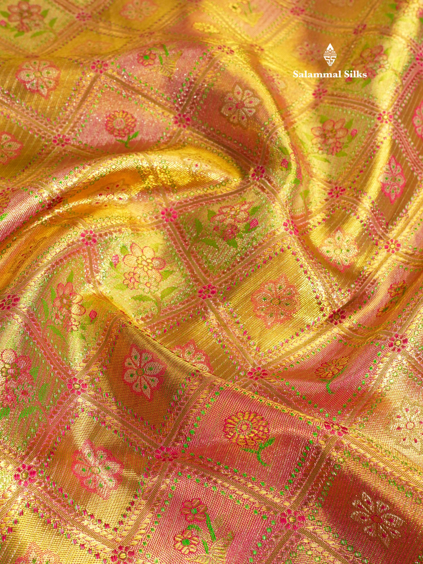 Multicolour Menakari Work Tissue Bridal Pure Kanjivaram Silk Saree With Contrast Chilly Red Border