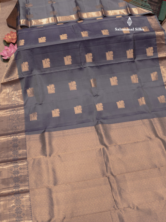 Grey Colour Pure Kanjivaram Silk Saree With Gold Zari Border