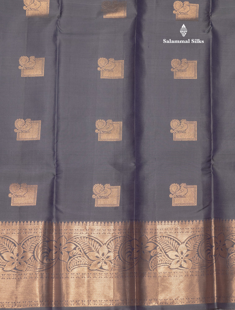 Grey Colour Pure Kanjivaram Silk Saree With Gold Zari Border