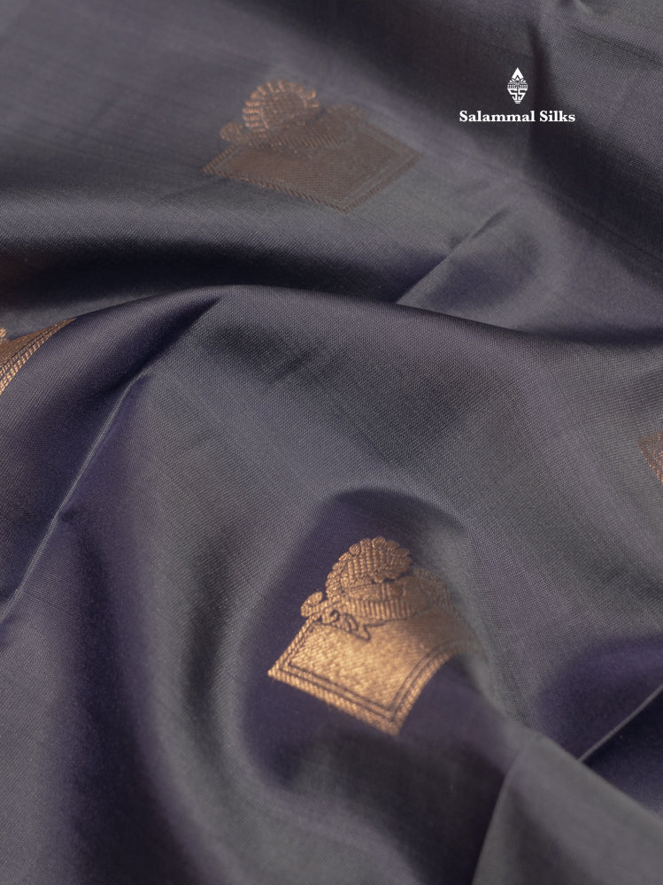 Grey Colour Pure Kanjivaram Silk Saree With Gold Zari Border