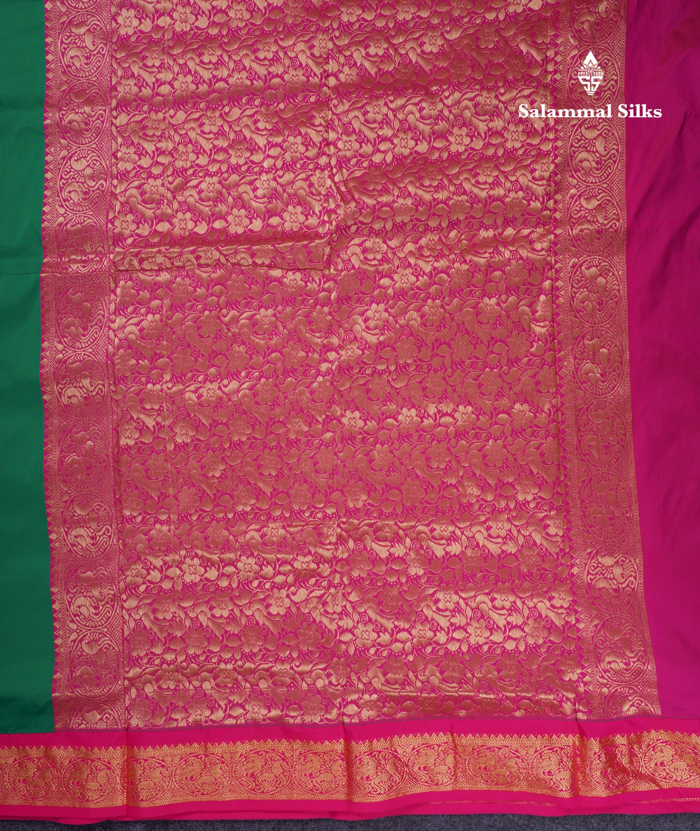 9.5 Yards Semi Silk Saree Bottle Green With Contrast Pink Traditional Border