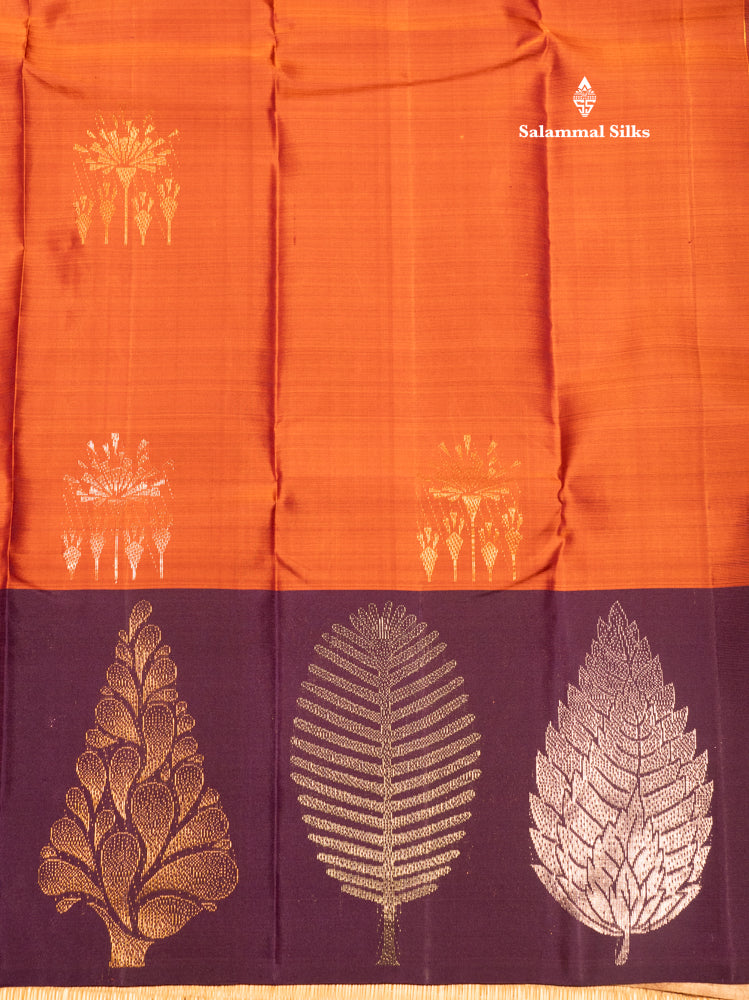 Rust Colour Pure Kanjivaram Silk Saree with Violet Long Size Border