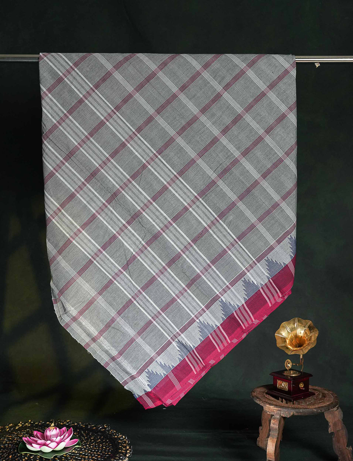 Chettinad Pure Cotton Saree - Grey Colour Body Checks With Temple Border
