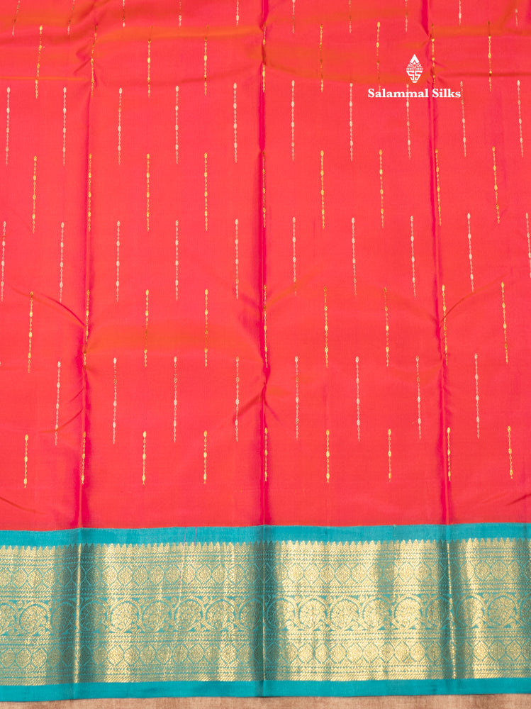 Pinkish Orange Colour Pure Kanjivaram Silk Saree With Sapphire Green Border