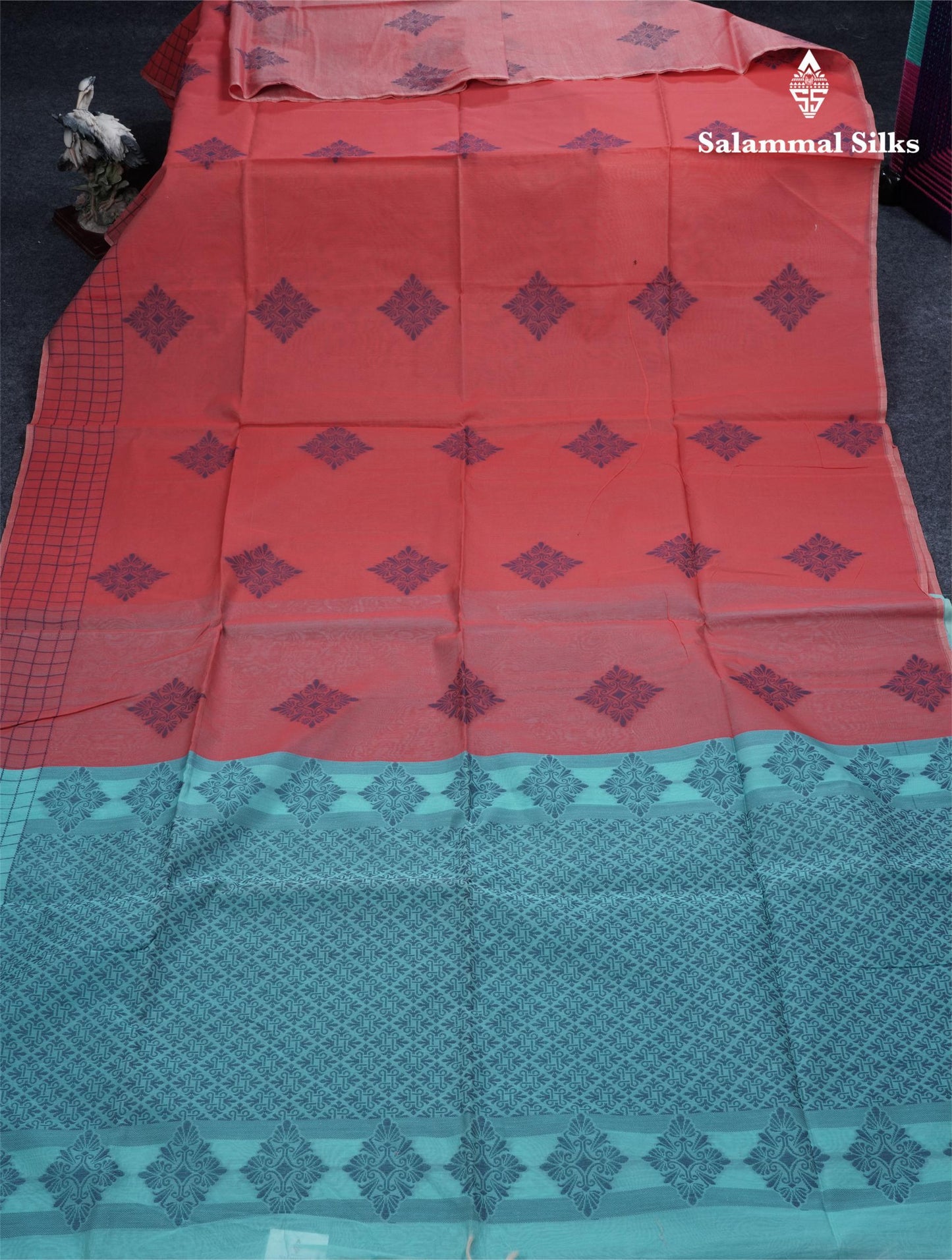 Tomato Red Beautiful Fancy Kora Cotton Saree With Contrast Pastel Blue Blouse