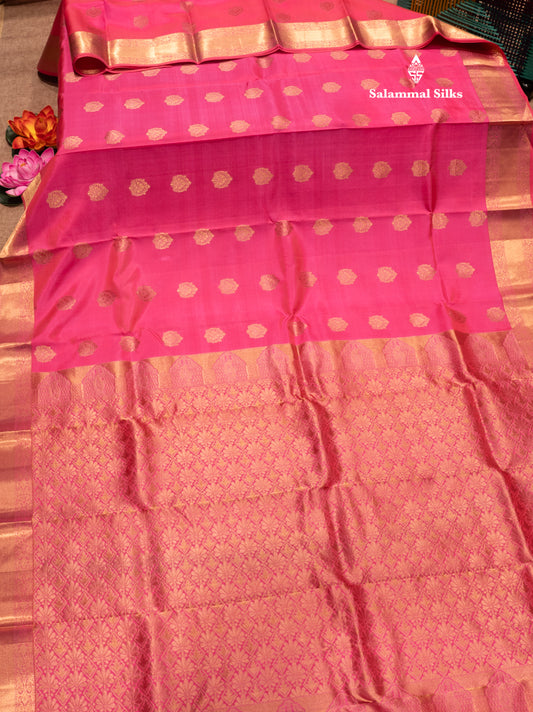 Pink Colour Pure Kanjivaram Silk Saree With Gold Zari Border