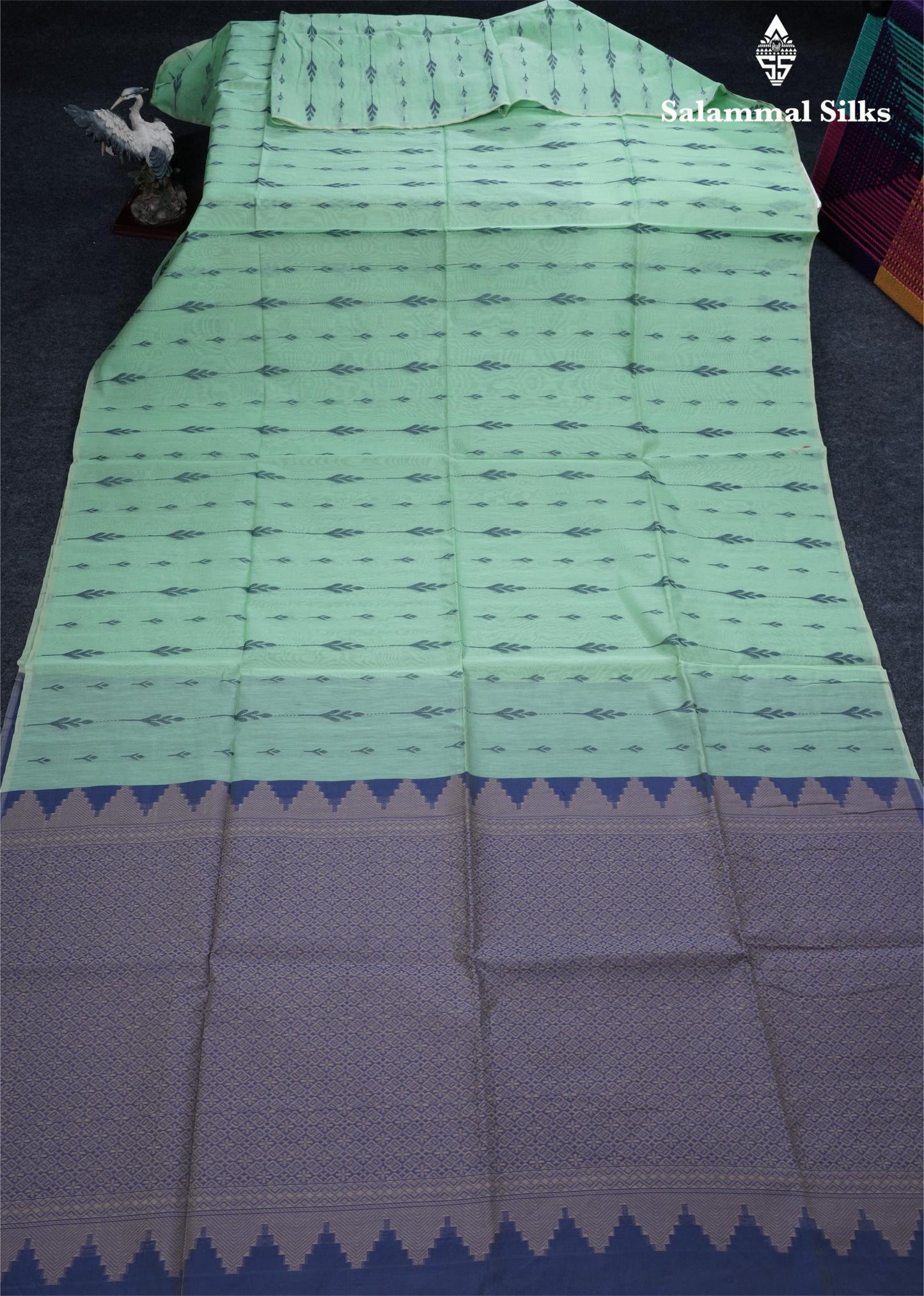 Rexona Green Beautiful Fancy Kora Cotton Saree With Contrast Blue Blouse