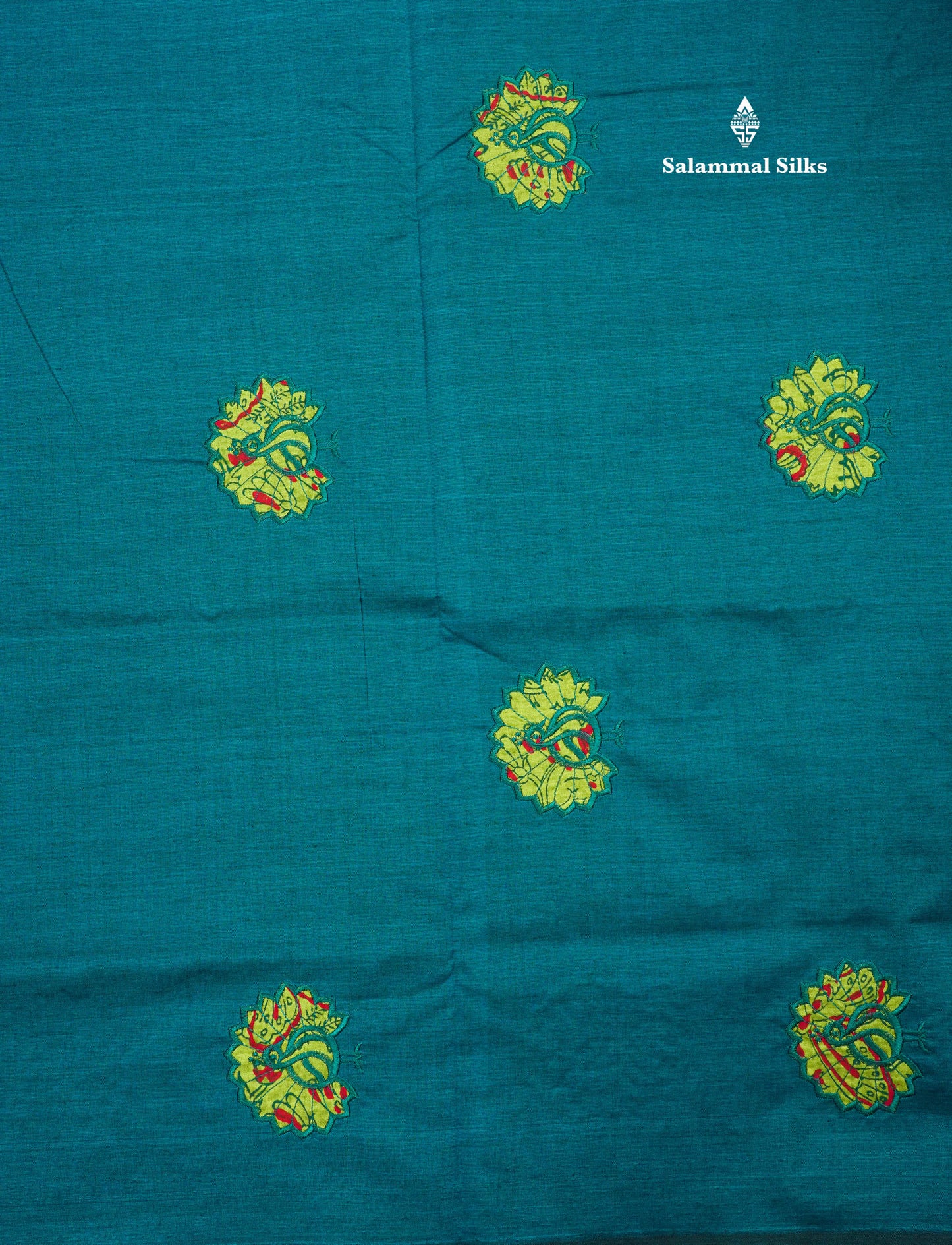 Peacock Blue Mixed Cotton Printed Saree With Contrast Parrot Green Blouse