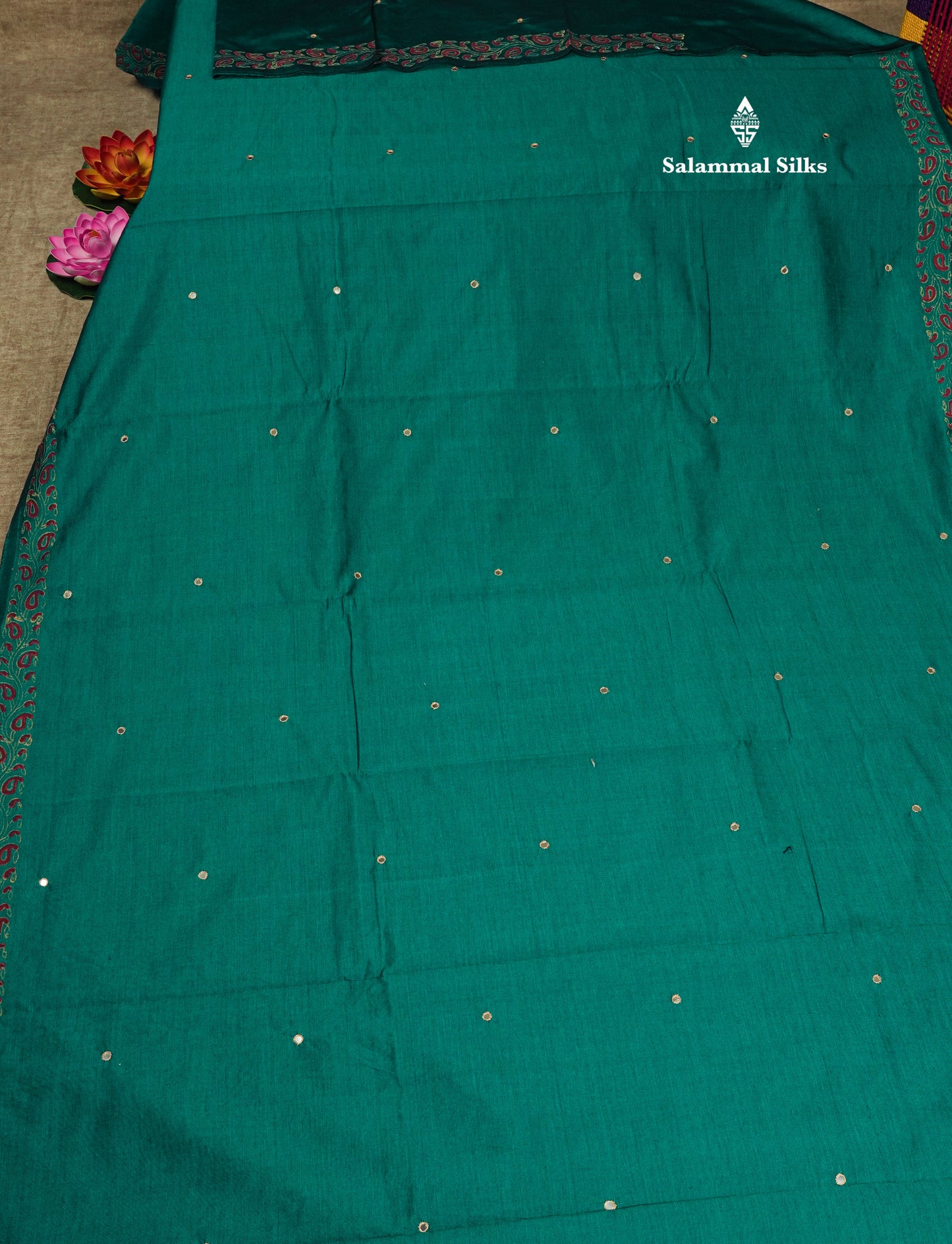 Peacock Green Mixed Cotton Small Mirror Saree With Contrast Sandal Printed Blouse