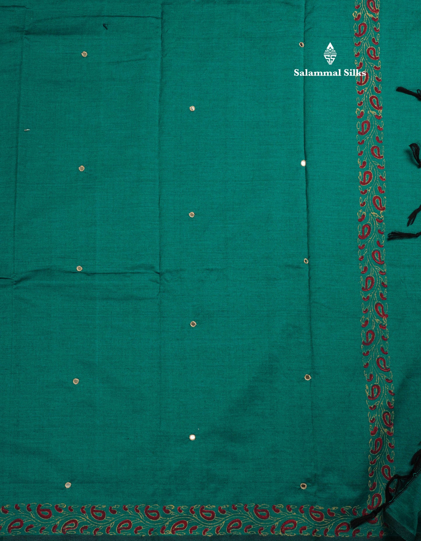 Peacock Green Mixed Cotton Small Mirror Saree With Contrast Sandal Printed Blouse