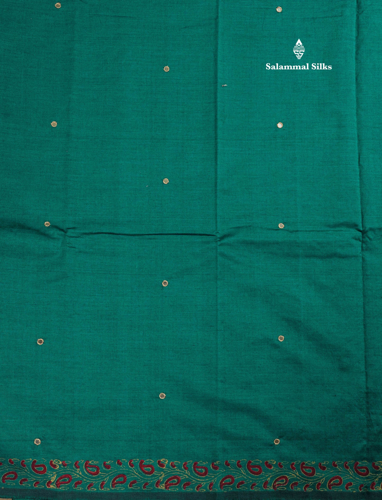 Peacock Green Mixed Cotton Small Mirror Saree With Contrast Sandal Printed Blouse