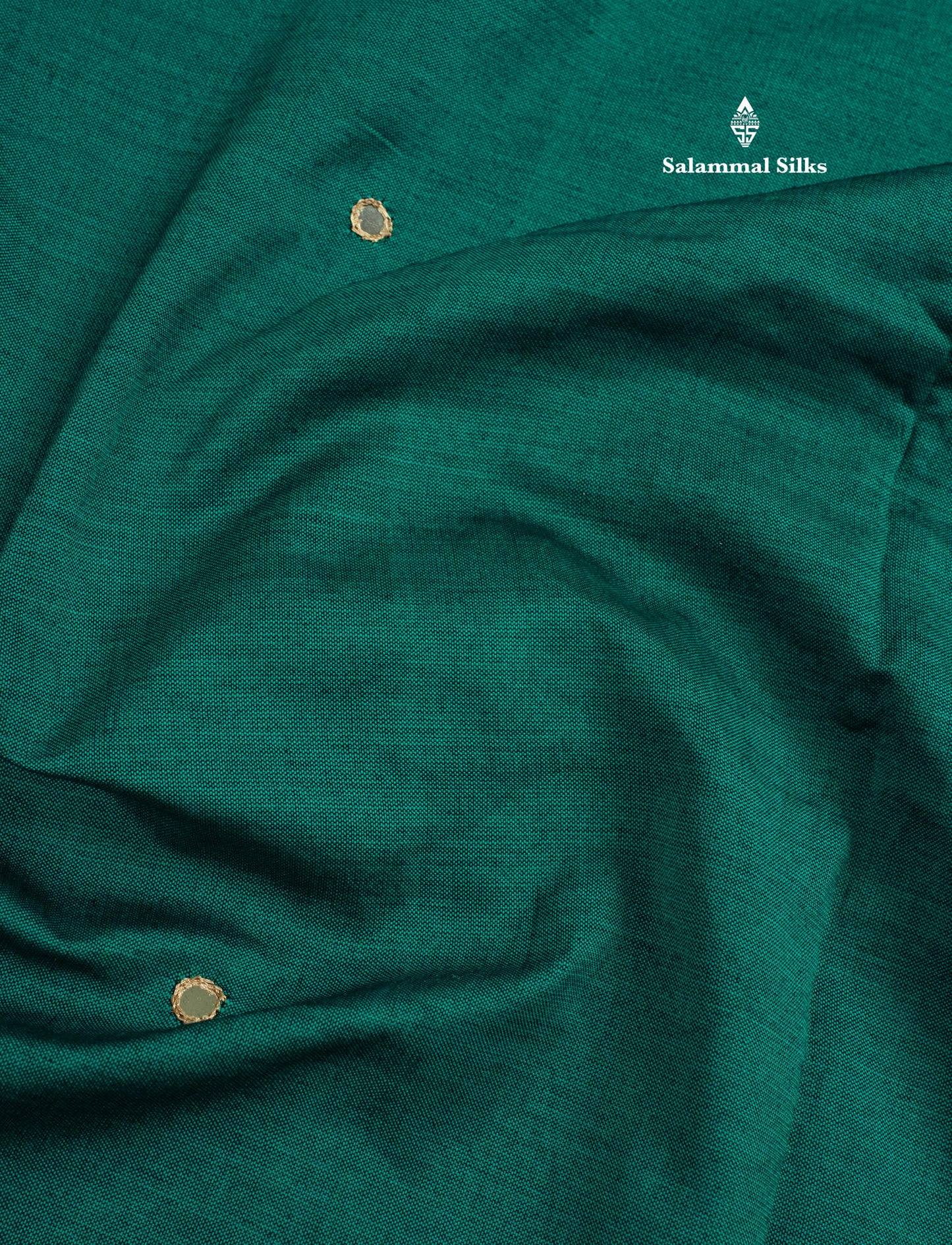 Peacock Green Mixed Cotton Small Mirror Saree With Contrast Sandal Printed Blouse