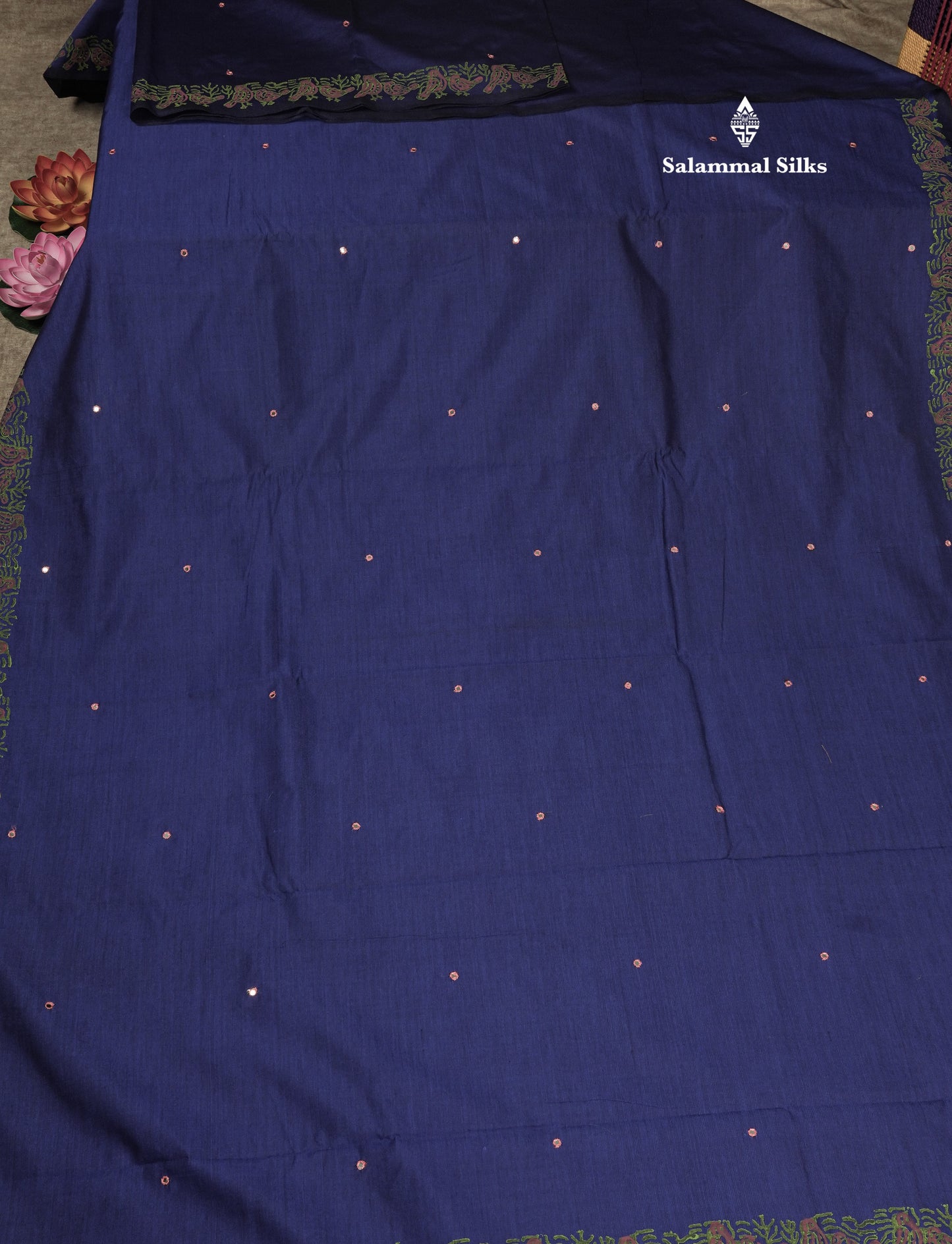 Peacock Green Mixed Cotton Small Mirror Saree With Contrast Sandal Printed Blouse